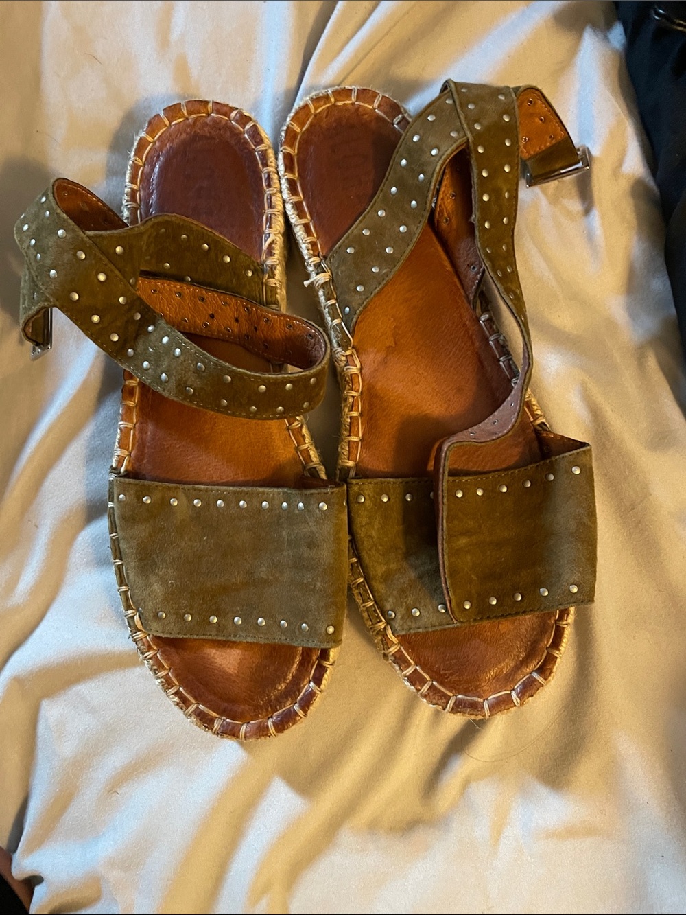 ALOHAS Olive Suede Studded Espadrille Sandals
